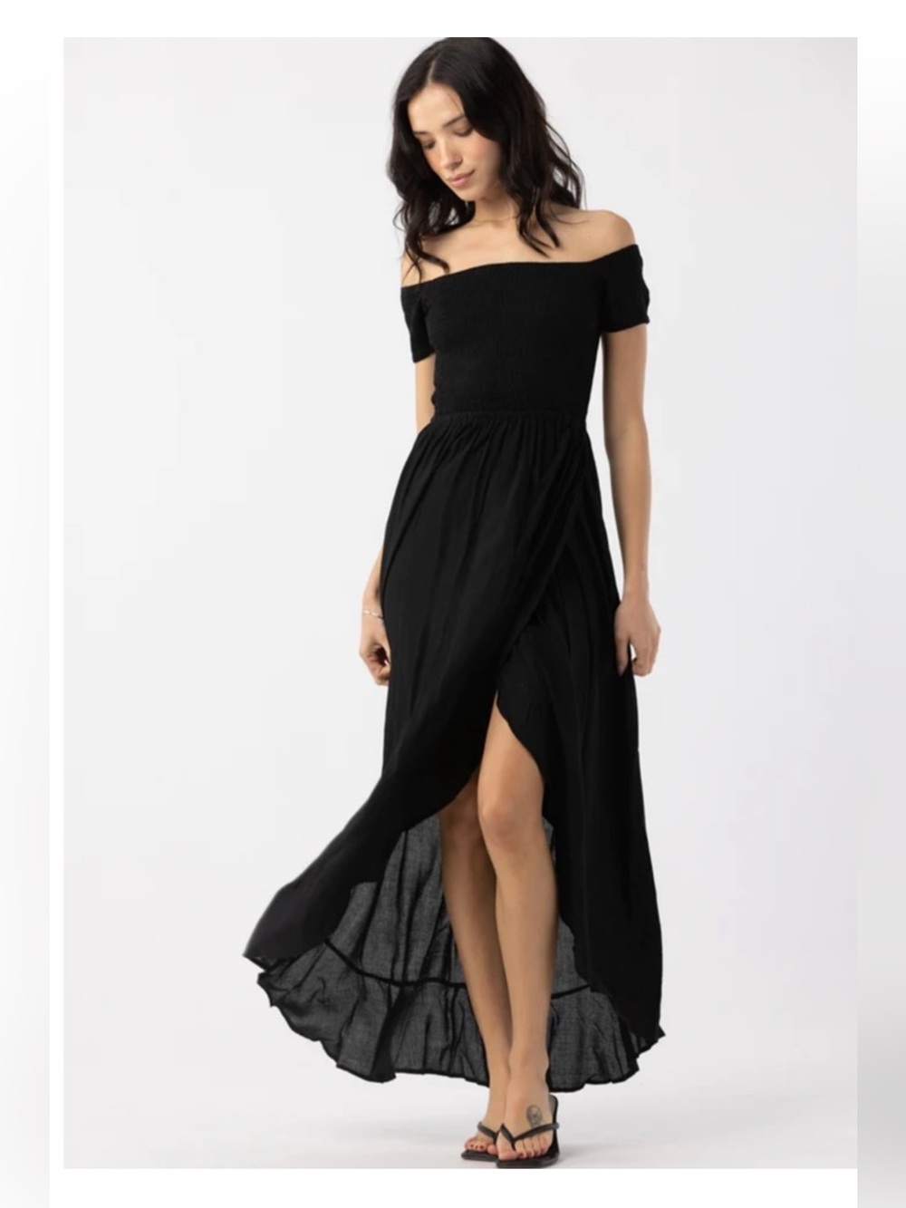 Tiare Hawaii Black Smocked Maxi Dress Size OS Boho Ruffle Hem Hi Low Slit
